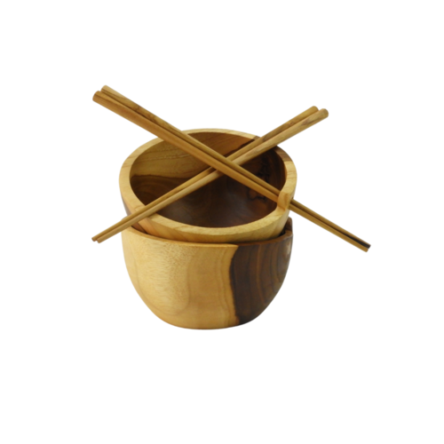 Set Of Two Natural Teak Soul Bowls With Chopsticks
